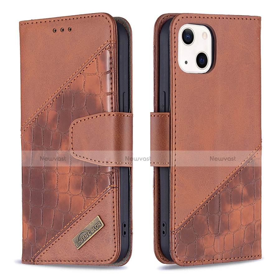 Leather Case Stands Fashionable Pattern Flip Cover L05 Holder for Apple iPhone 13 Mini Brown