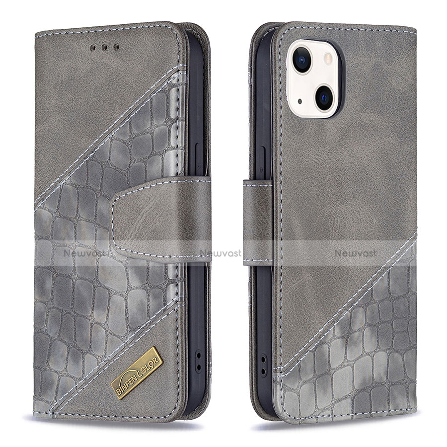 Leather Case Stands Fashionable Pattern Flip Cover L05 Holder for Apple iPhone 13 Mini Gray