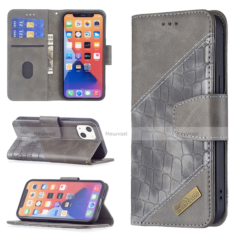 Leather Case Stands Fashionable Pattern Flip Cover L05 Holder for Apple iPhone 13 Mini Gray