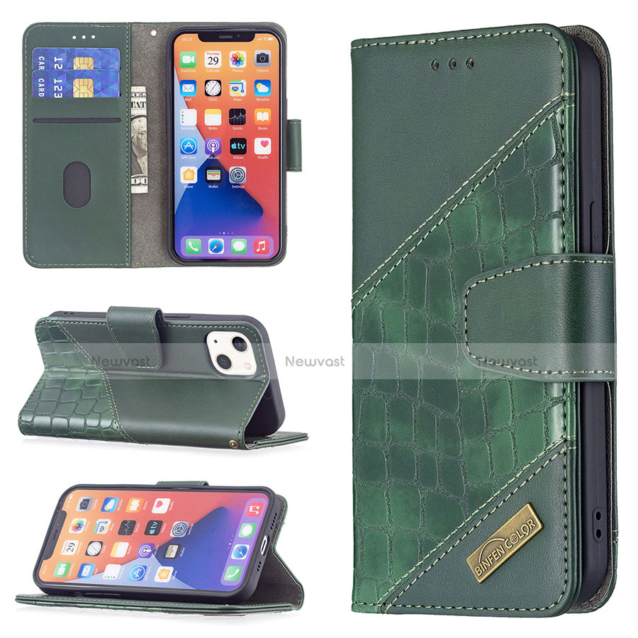 Leather Case Stands Fashionable Pattern Flip Cover L05 Holder for Apple iPhone 13 Mini Green