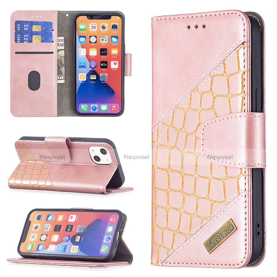 Leather Case Stands Fashionable Pattern Flip Cover L05 Holder for Apple iPhone 13 Mini Rose Gold
