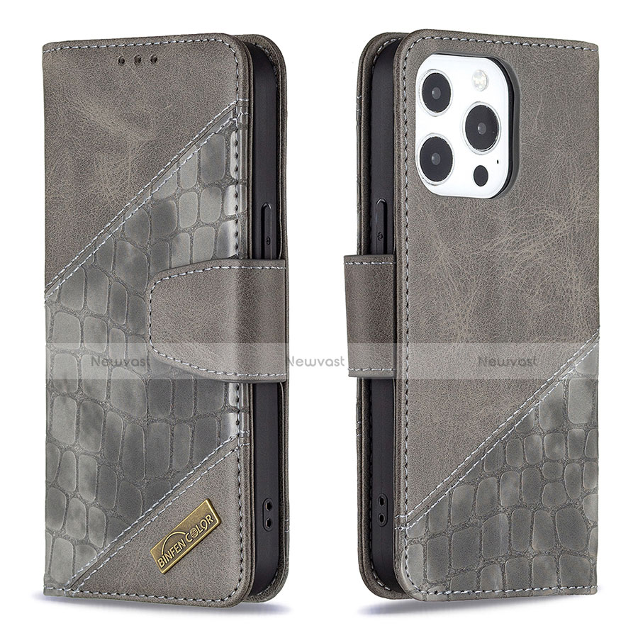Leather Case Stands Fashionable Pattern Flip Cover L05 Holder for Apple iPhone 13 Pro Gray