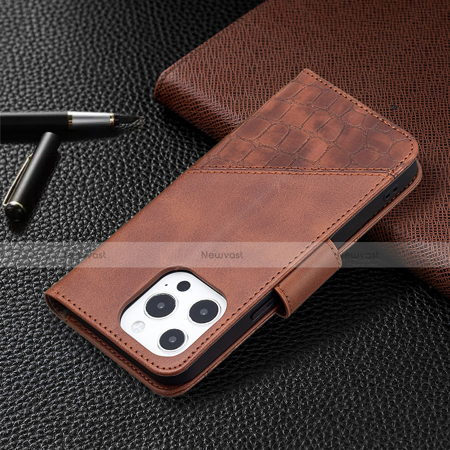 Leather Case Stands Fashionable Pattern Flip Cover L05 Holder for Apple iPhone 13 Pro Max Brown