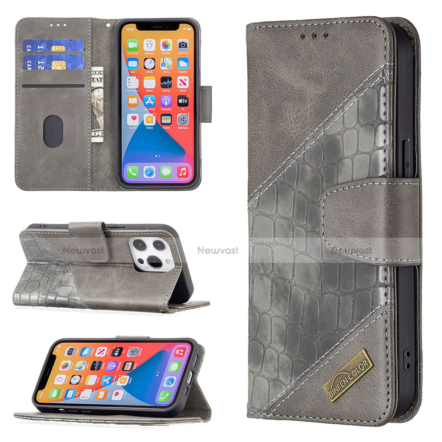 Leather Case Stands Fashionable Pattern Flip Cover L05 Holder for Apple iPhone 13 Pro Max Gray