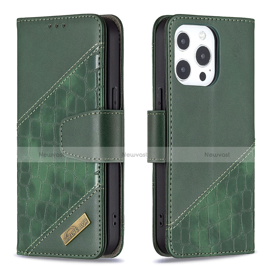 Leather Case Stands Fashionable Pattern Flip Cover L05 Holder for Apple iPhone 13 Pro Max Green