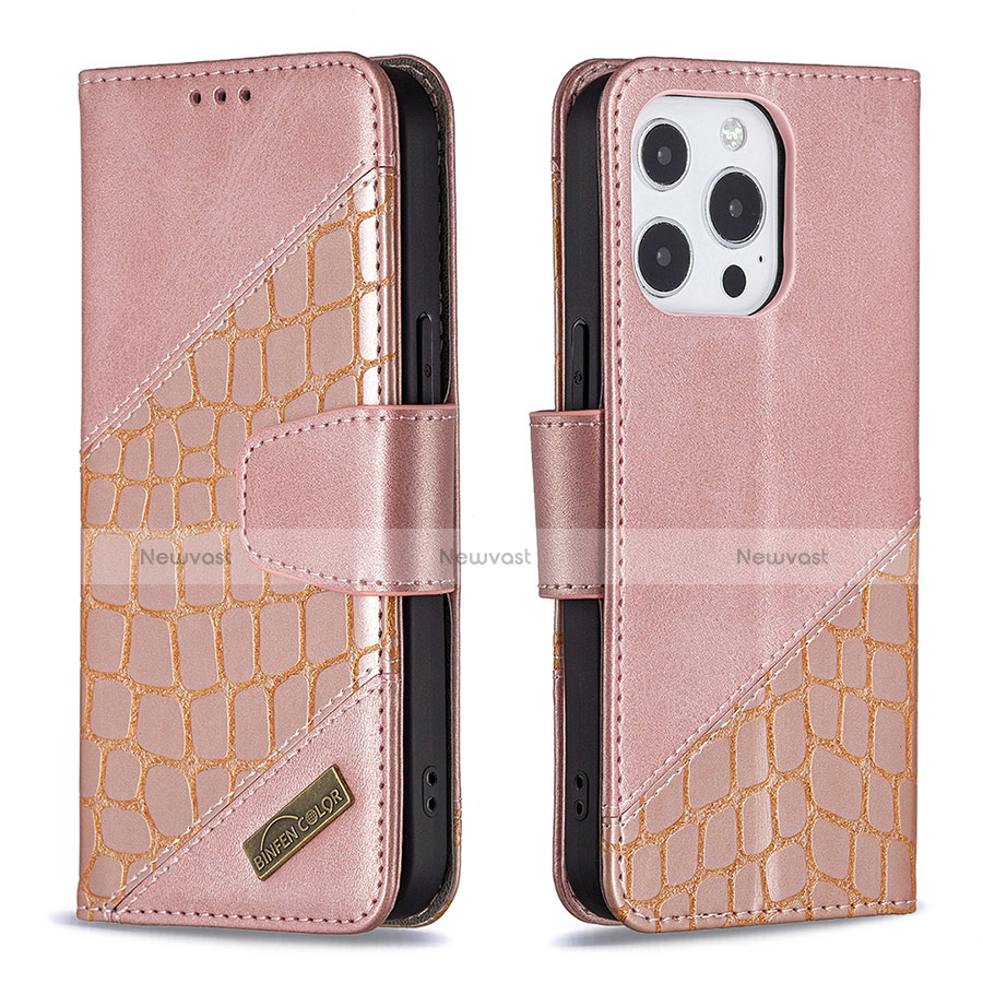 Leather Case Stands Fashionable Pattern Flip Cover L05 Holder for Apple iPhone 13 Pro Rose Gold