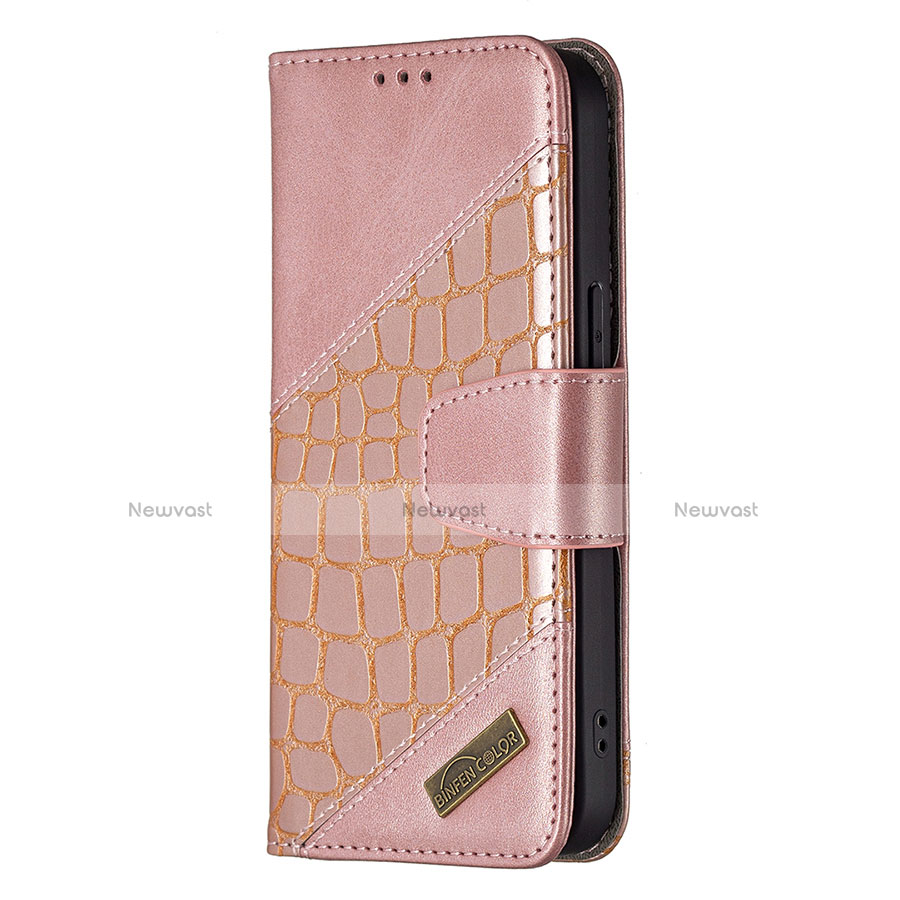 Leather Case Stands Fashionable Pattern Flip Cover L05 Holder for Apple iPhone 13 Pro Rose Gold