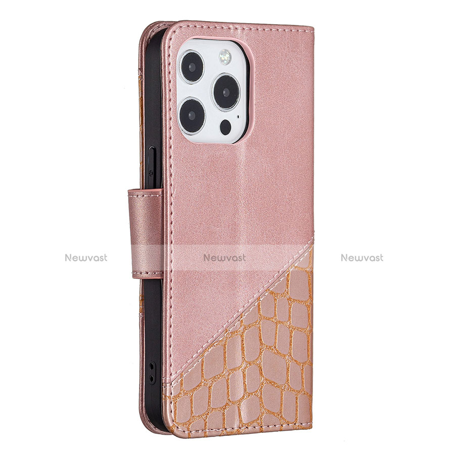 Leather Case Stands Fashionable Pattern Flip Cover L05 Holder for Apple iPhone 13 Pro Rose Gold