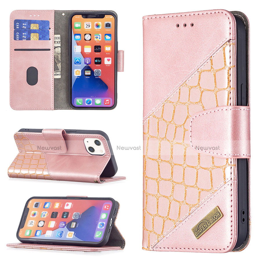 Leather Case Stands Fashionable Pattern Flip Cover L05 Holder for Apple iPhone 13 Rose Gold