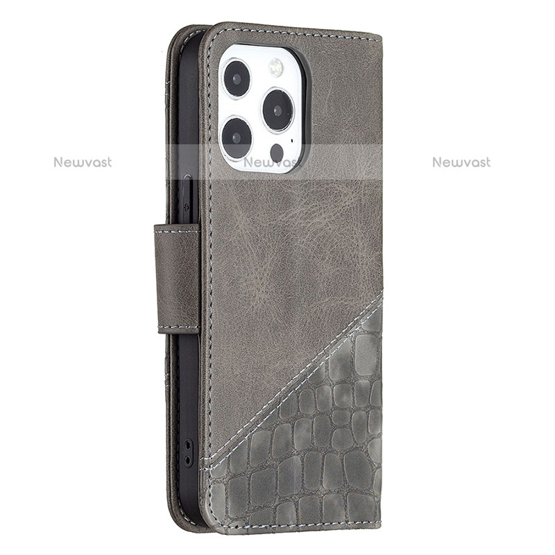 Leather Case Stands Fashionable Pattern Flip Cover L05 Holder for Apple iPhone 14 Pro Gray
