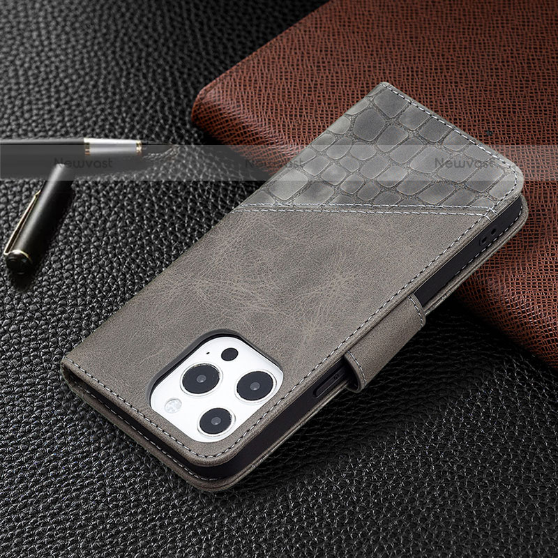 Leather Case Stands Fashionable Pattern Flip Cover L05 Holder for Apple iPhone 14 Pro Gray