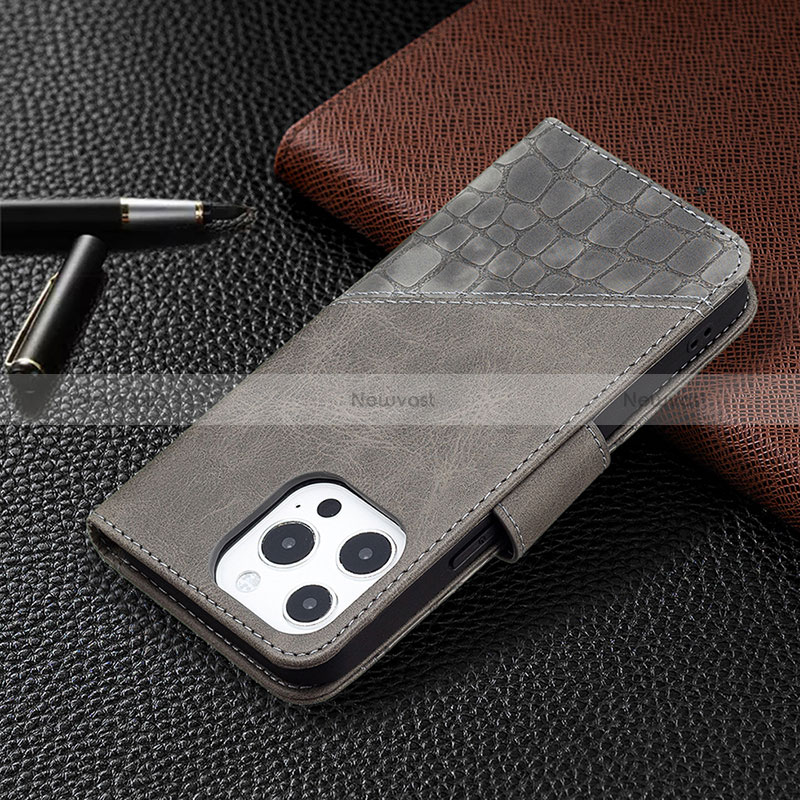 Leather Case Stands Fashionable Pattern Flip Cover L05 Holder for Apple iPhone 14 Pro Max Gray