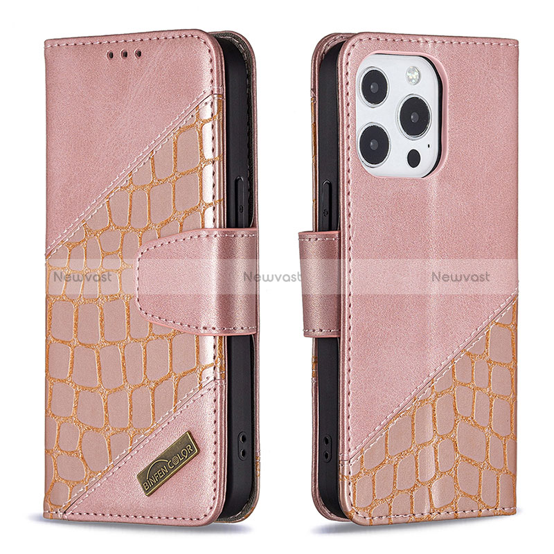 Leather Case Stands Fashionable Pattern Flip Cover L05 Holder for Apple iPhone 14 Pro Max Rose Gold
