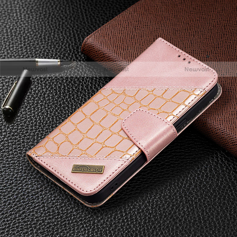 Leather Case Stands Fashionable Pattern Flip Cover L05 Holder for Apple iPhone 14 Pro Rose Gold