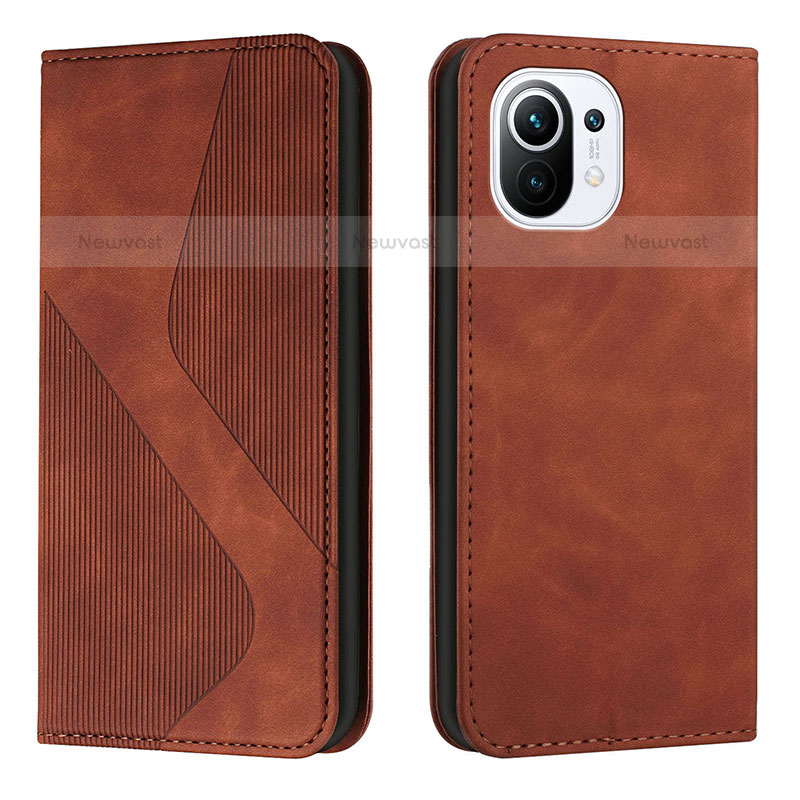 Leather Case Stands Flip Cover C02 Holder for Xiaomi Mi 11 5G Brown
