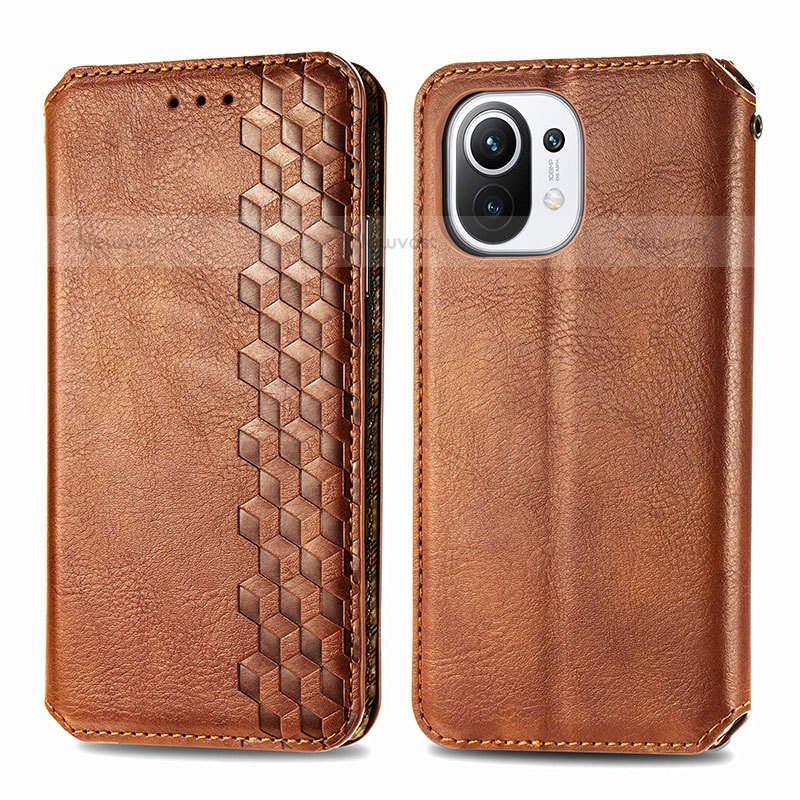 Leather Case Stands Flip Cover C04 Holder for Xiaomi Mi 11 Lite 5G Brown