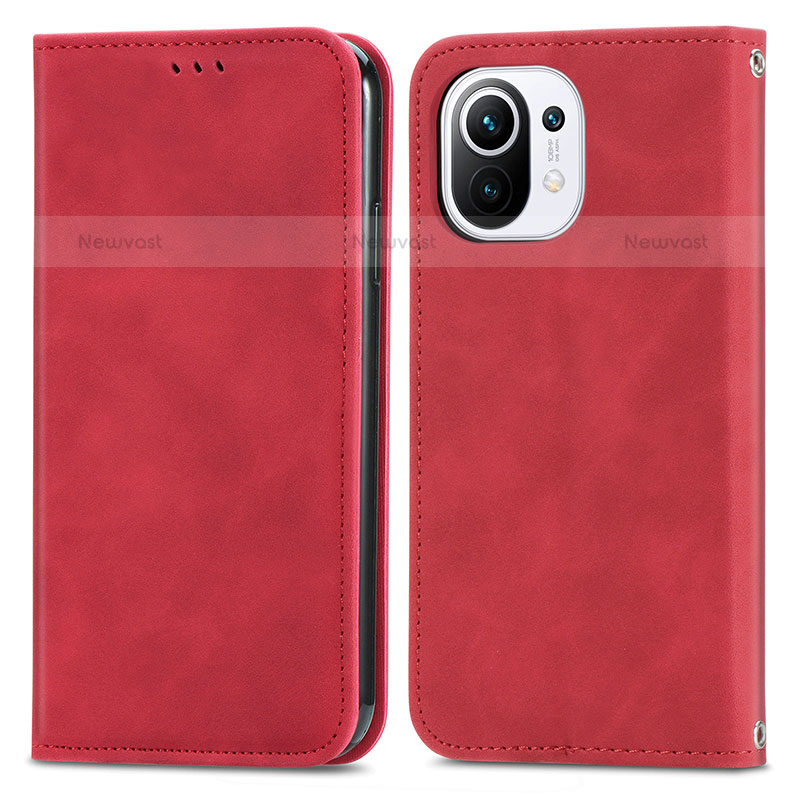 Leather Case Stands Flip Cover C05 Holder for Xiaomi Mi 11 5G Red