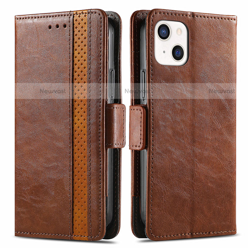 Leather Case Stands Flip Cover F03 Holder for Apple iPhone 14 Brown