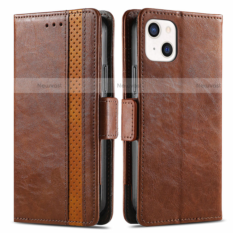 Leather Case Stands Flip Cover F03 Holder for Apple iPhone 14 Plus Brown