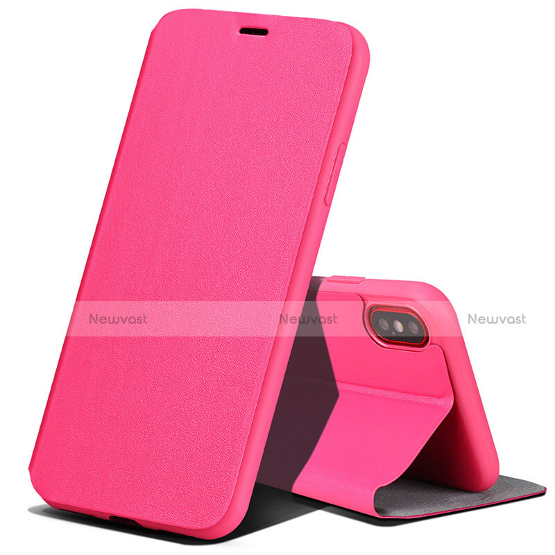 Leather Case Stands Flip Cover for Apple iPhone Xs Hot Pink