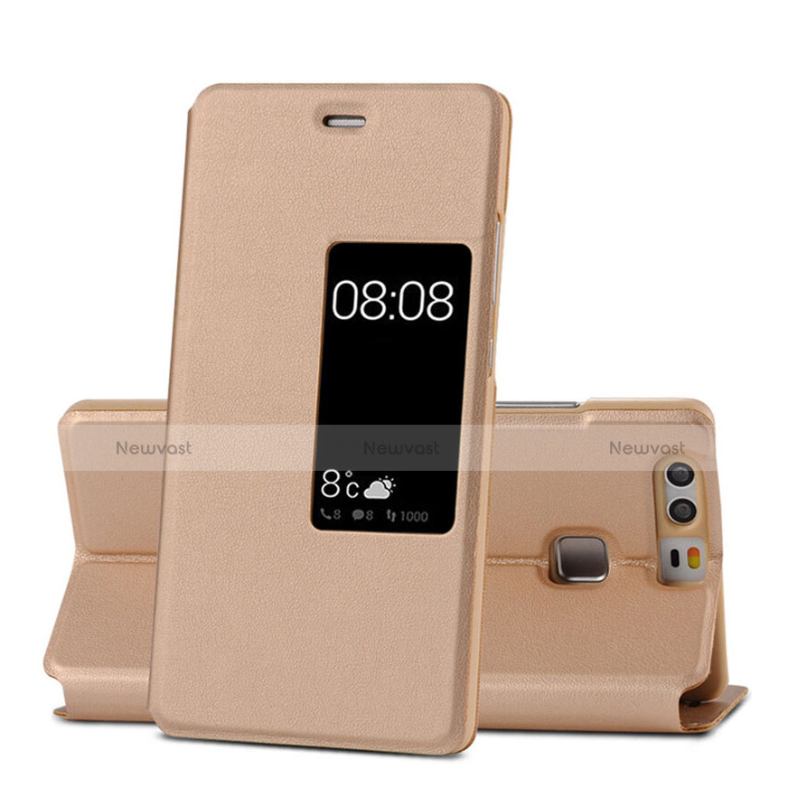 Leather Case Stands Flip Cover for Huawei P9 Gold