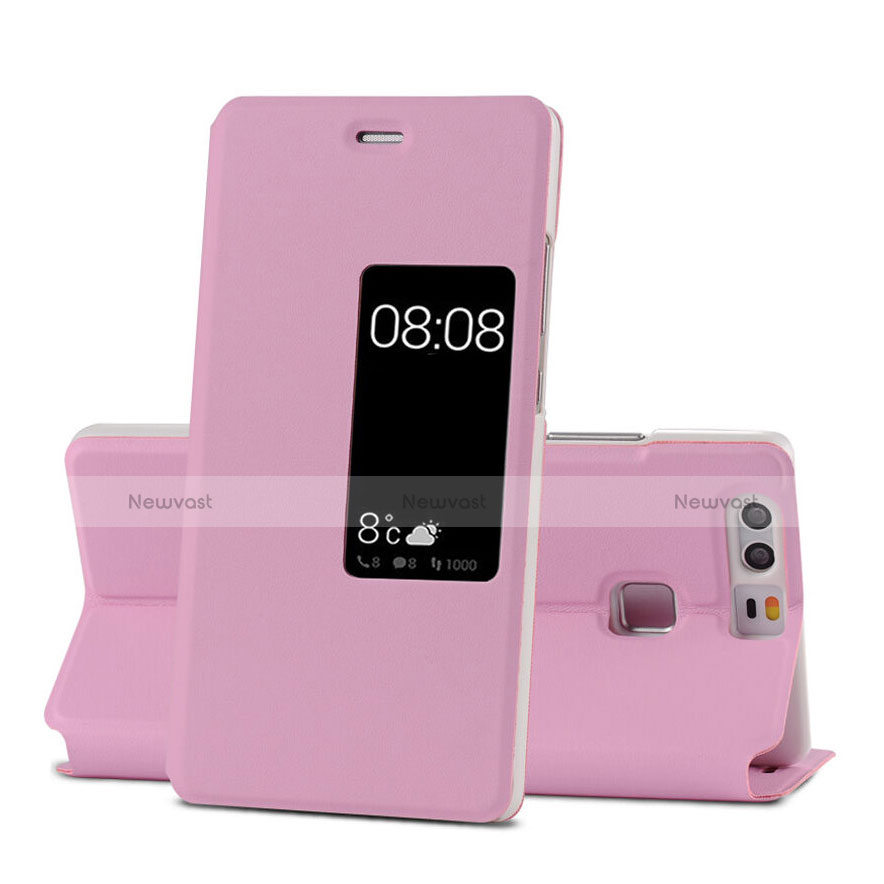 Leather Case Stands Flip Cover for Huawei P9 Pink