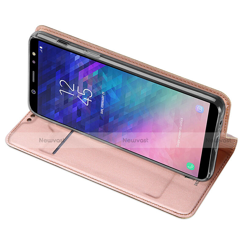 Leather Case Stands Flip Cover for Samsung Galaxy A6 (2018) Dual SIM Rose Gold