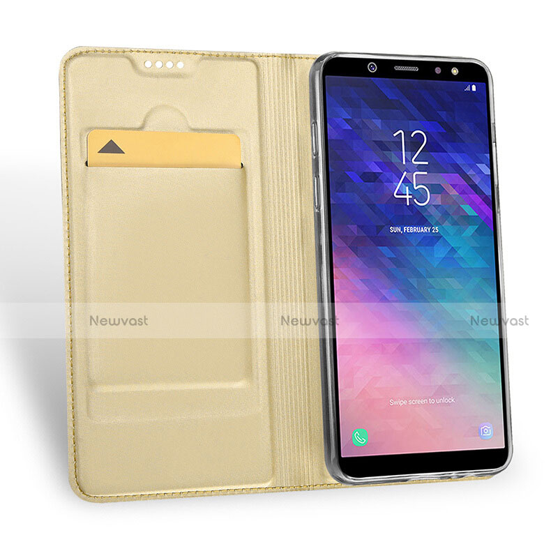 Leather Case Stands Flip Cover for Samsung Galaxy A6 (2018) Gold