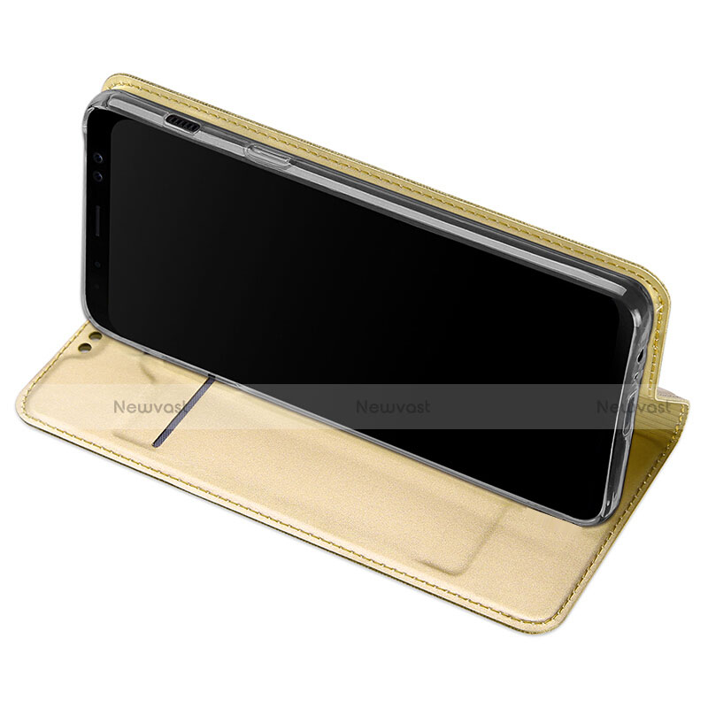 Leather Case Stands Flip Cover for Samsung Galaxy A8 (2018) Duos A530F Gold