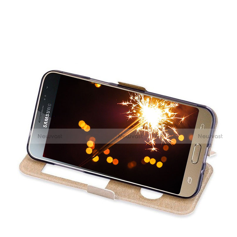 Leather Case Stands Flip Cover for Samsung Galaxy Amp Prime J320P J320M Gold