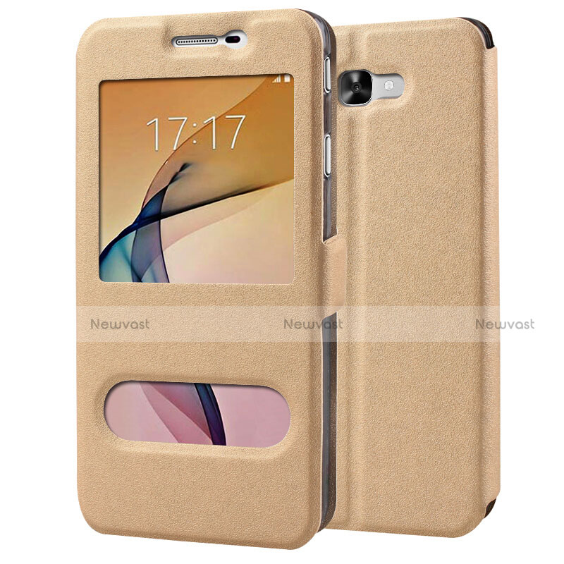 Leather Case Stands Flip Cover for Samsung Galaxy J7 Prime Gold