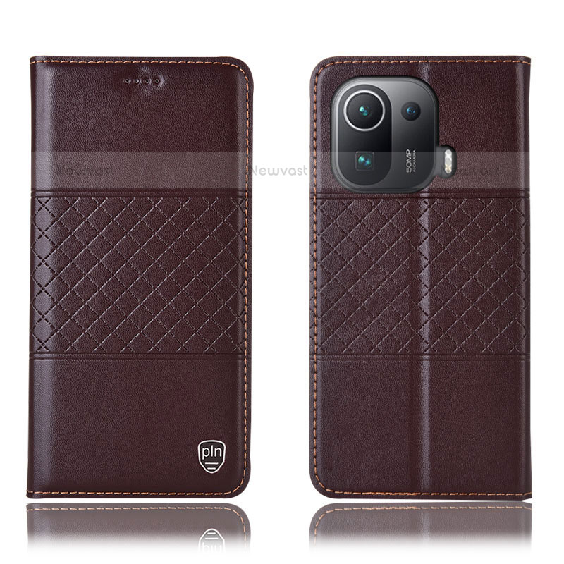 Leather Case Stands Flip Cover H04P Holder for Xiaomi Mi 11 Pro 5G Brown