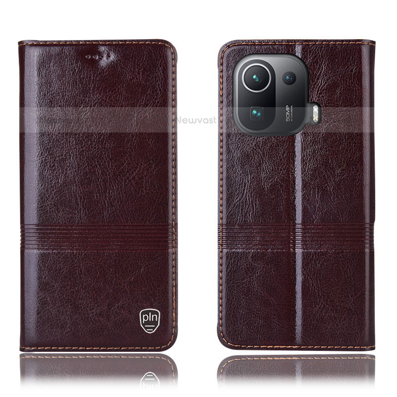 Leather Case Stands Flip Cover H05P Holder for Xiaomi Mi 11 Pro 5G Brown