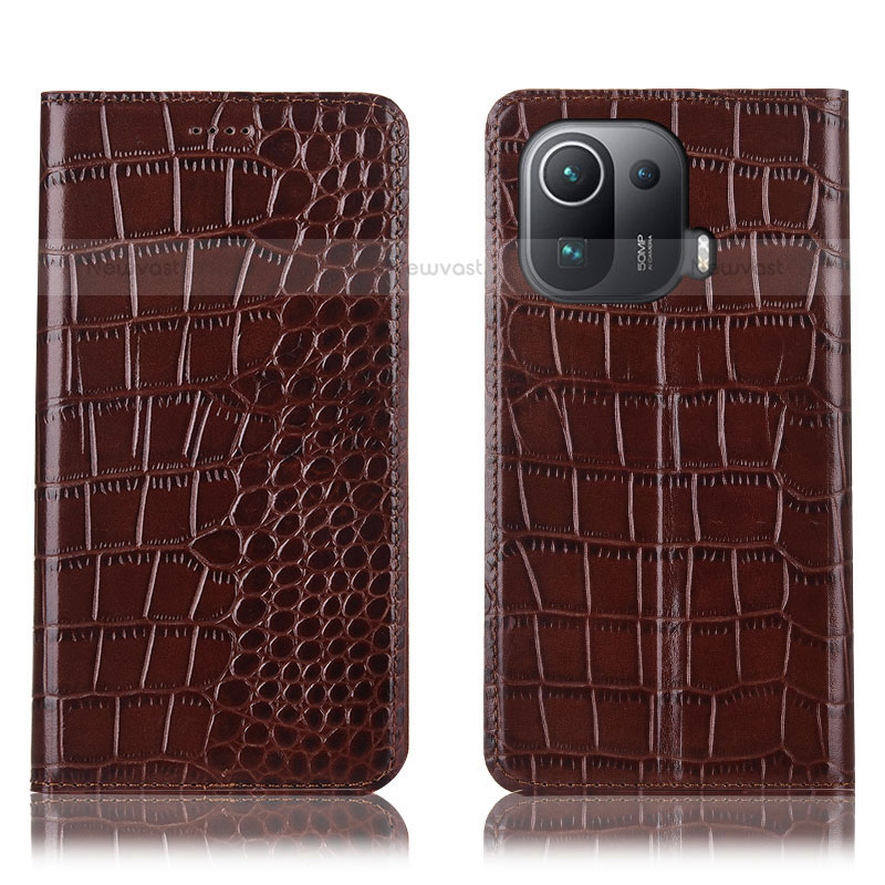 Leather Case Stands Flip Cover H08P Holder for Xiaomi Mi 11 Pro 5G Brown