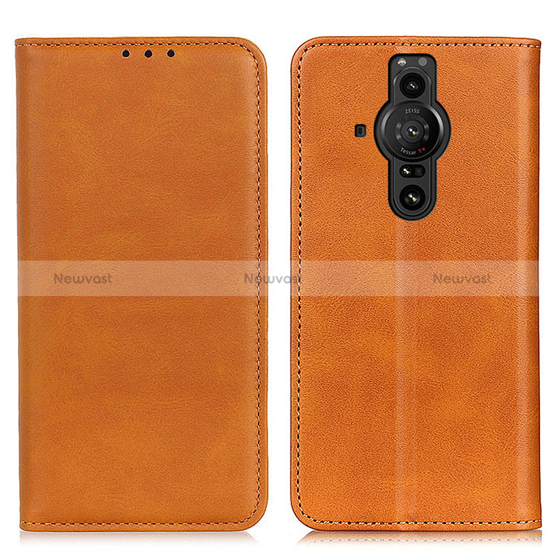 Leather Case Stands Flip Cover Holder A02D for Sony Xperia PRO-I Light Brown