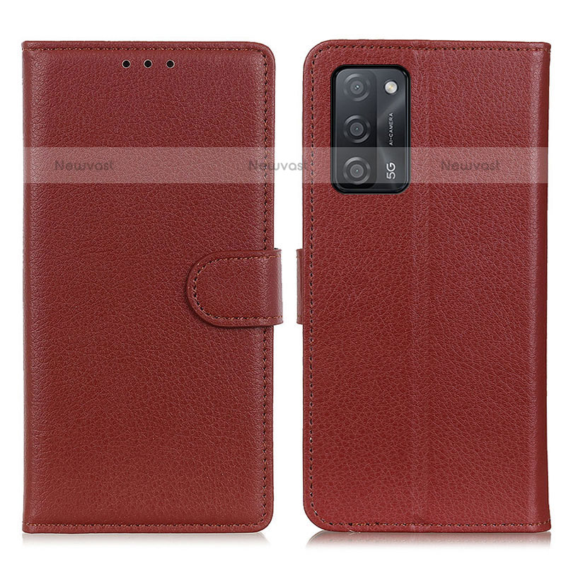 Leather Case Stands Flip Cover Holder A03D for Oppo A55 5G Brown