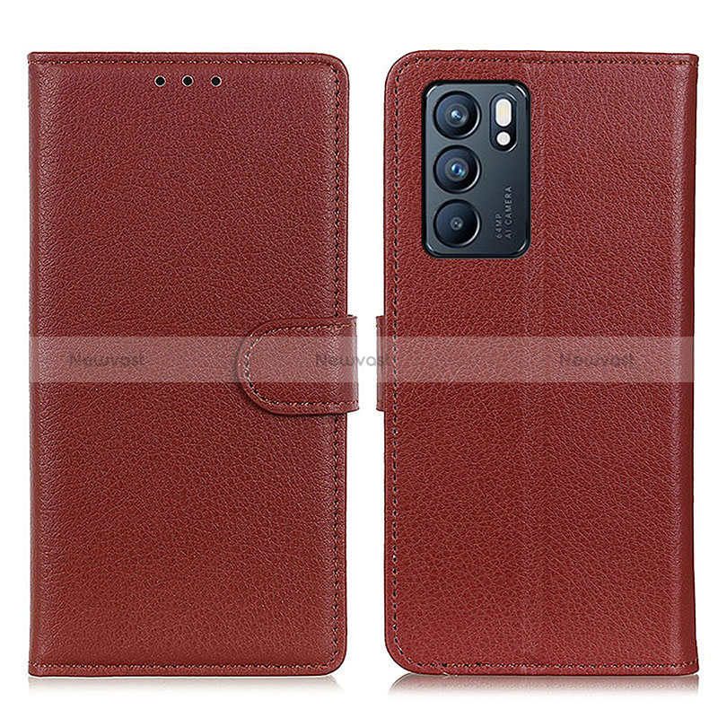 Leather Case Stands Flip Cover Holder A03D for Oppo Reno6 5G Brown
