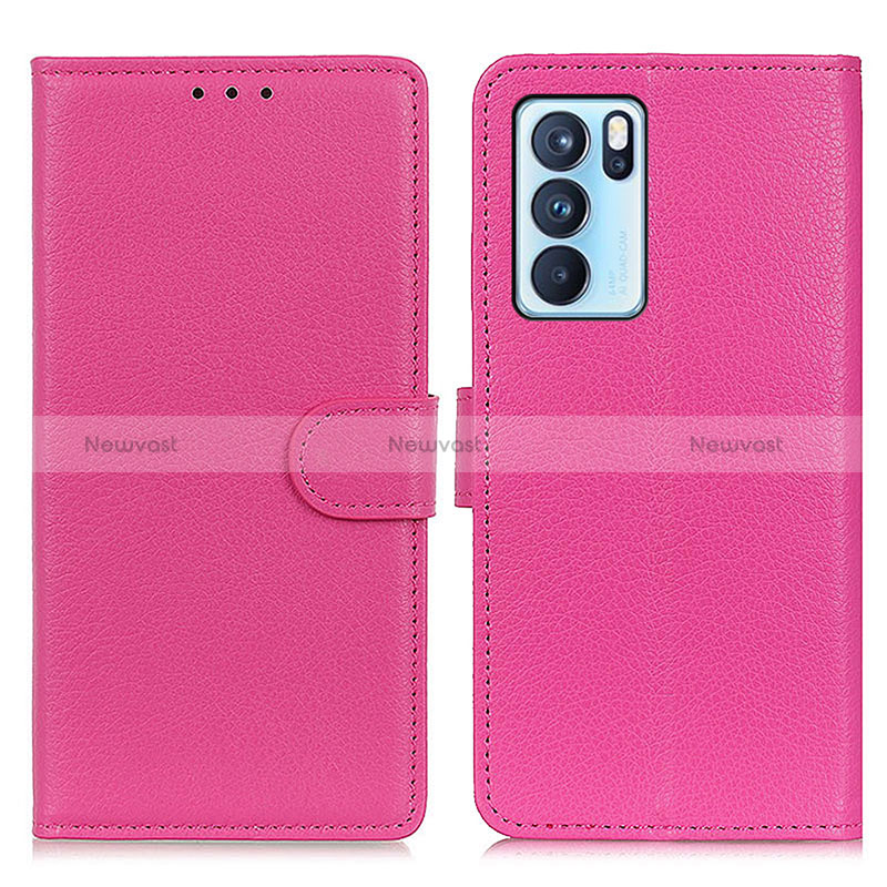 Leather Case Stands Flip Cover Holder A03D for Oppo Reno6 Pro 5G India Hot Pink