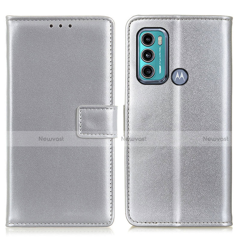 Leather Case Stands Flip Cover Holder A08D for Motorola Moto G60 Silver