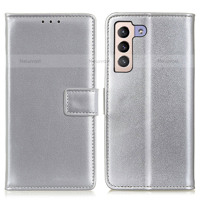 Leather Case Stands Flip Cover Holder A08D for Samsung Galaxy S21 5G Silver