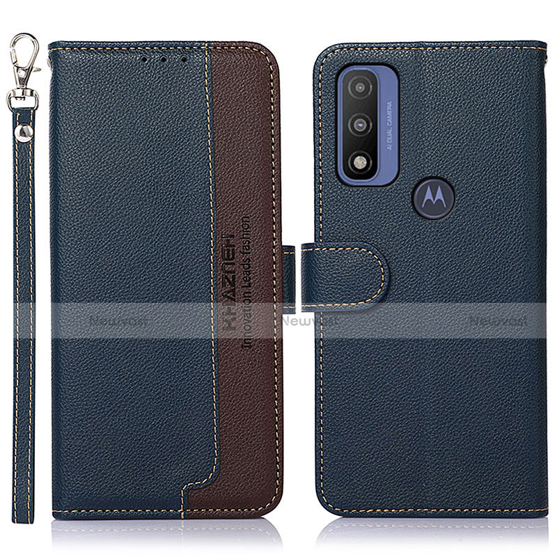 Leather Case Stands Flip Cover Holder A09D for Motorola Moto G Pure Blue