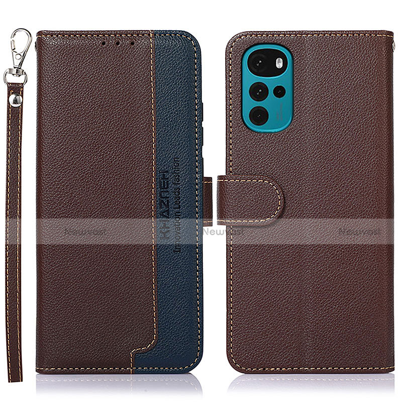 Leather Case Stands Flip Cover Holder A09D for Motorola Moto G22 Brown