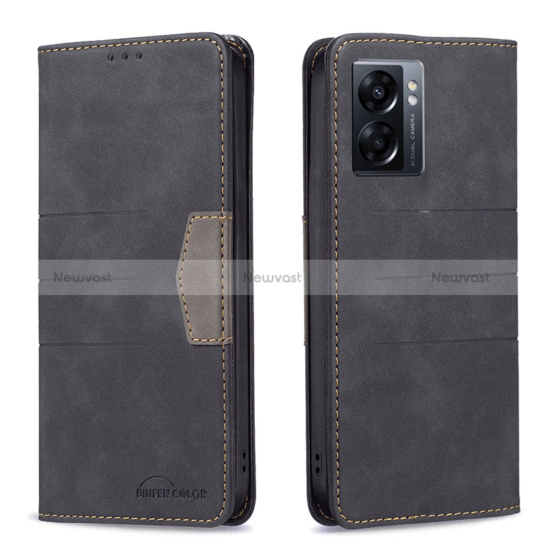 Leather Case Stands Flip Cover Holder B01F for Oppo A56S 5G Black