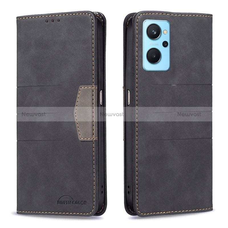 Leather Case Stands Flip Cover Holder B01F for Realme 9i 4G Black