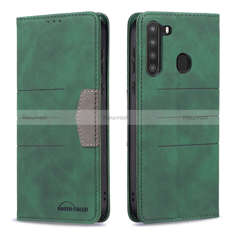 Leather Case Stands Flip Cover Holder B01F for Samsung Galaxy A21 Green
