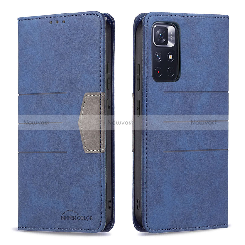 Leather Case Stands Flip Cover Holder B01F for Xiaomi Poco M4 Pro 5G Blue