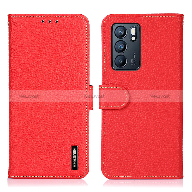 Leather Case Stands Flip Cover Holder B01H for Oppo Reno6 5G Red
