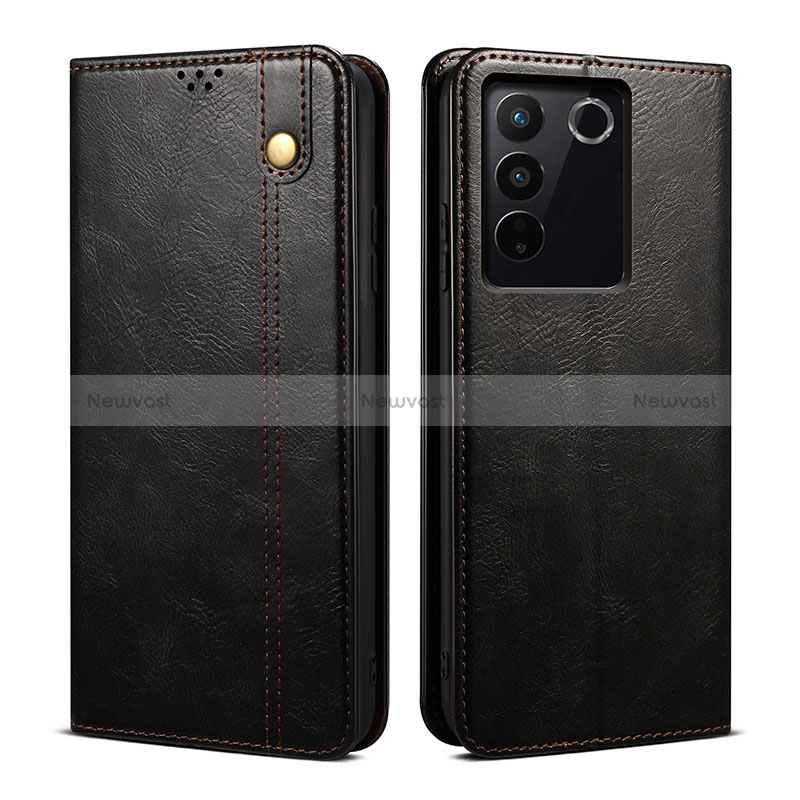 Leather Case Stands Flip Cover Holder B01S for Vivo V27 5G Black