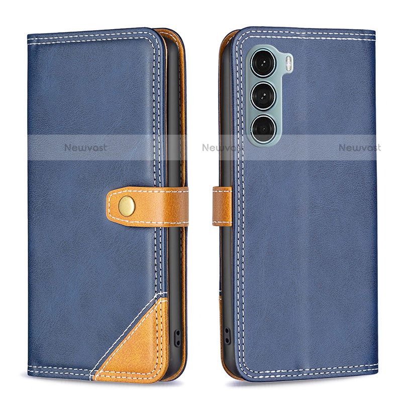 Leather Case Stands Flip Cover Holder B02F for Motorola Moto G200 5G Blue