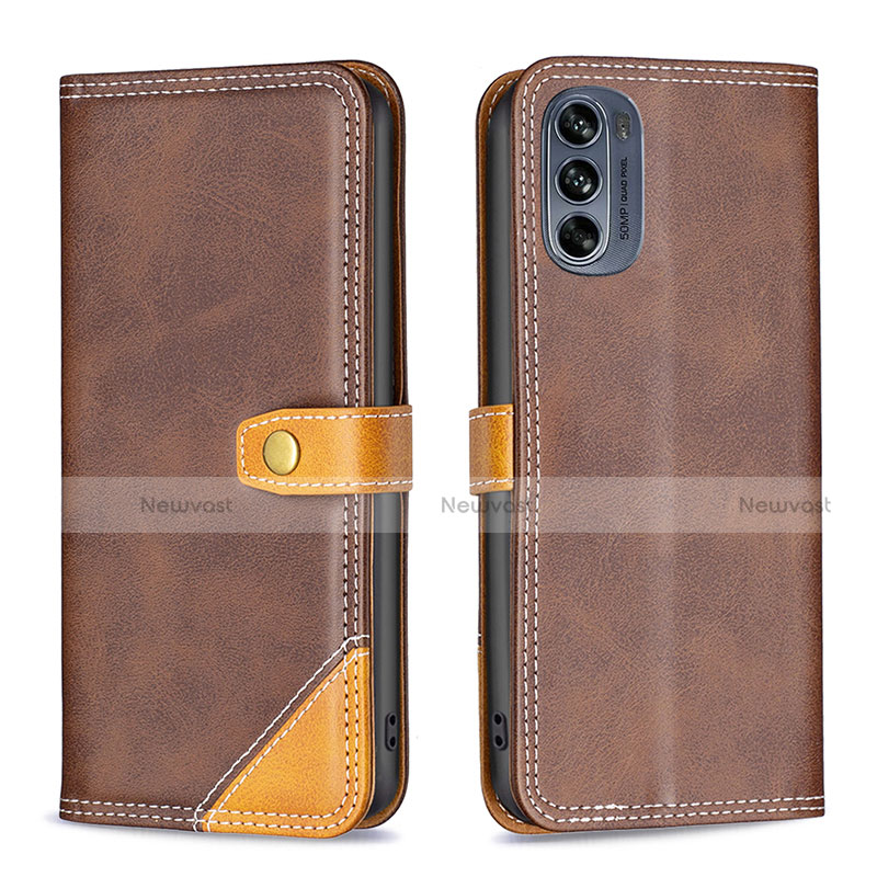 Leather Case Stands Flip Cover Holder B02F for Motorola Moto G62 5G Brown